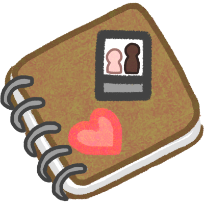  a square tan spiral bound book with a heart sticker on the front and a polaroid picture on the front that has a light / pink skinned person and a dark skinned person